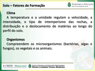 Solo – Fatores de Formação

   Clima
   A temperatura e a umidade regulam a velocidade, a
intensidade, o tipo de intemperismo das rochas, a
distribuição e o deslocamento de matérias ao longo do
perfil do solo.

  Organismos
  Compreendem os microorganismos (bactérias, algas e
fungos), os vegetais e os animais.
 