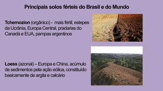 Principais solos férteis do Brasil e do Mundo
Tchernozion (orgânico) - mais fértil, estepes
da Ucrânia, Europa Central, pradarias do
Canadá e EUA, pampas argentinos
Loess (azonal) – Europa e China, acúmulo
de sedimentos pela ação eólica, constituído
basicamente de argila e calcário
 