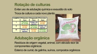 Rotação de culturas
Evitar uso de adubação química e exaustão do solo
Troca de cultura a cada novo plantio
Adubação orgânica
Resíduos de origem vegetal, animal, com elevado teor de
componentes orgânicos
Esterco de curral, de galinha, suínos, compostos orgânicos
 