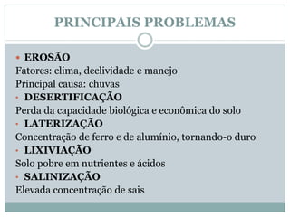 PRINCIPAIS PROBLEMAS
 EROSÃO
Fatores: clima, declividade e manejo
Principal causa: chuvas
• DESERTIFICAÇÃO
Perda da capacidade biológica e econômica do solo
• LATERIZAÇÃO
Concentração de ferro e de alumínio, tornando-o duro
• LIXIVIAÇÃO
Solo pobre em nutrientes e ácidos
• SALINIZAÇÃO
Elevada concentração de sais
 
