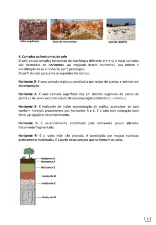 4. Camadas ou horizontes do solo
O solo possuí camadas horizontais de morfologia diferente entre si, e essas camadas
são chamadas de horizontes. Ao conjunto destes horizontes, sua ordem e
constituição dá-se o nome de perfil pedológico.
O perfil do solo apresenta os seguintes horizontes:
Horizonte O- É uma camada orgânica constituída por restos de plantas e animais em
decomposição.
Horizonte A- É uma camada superficial rica em detritos orgânicos de partes de
plantas e de seres vivos em estado de decomposição estabilizado – o húmus.
Horizonte B- É horizonte de maior concentração de argilas, acumulam- se aqui
também minerais provenientes dos horizontes A e C. É o solo com coloração mais
forte, agregação e desenvolvimento.
Horizonte C- É essencialmente constituído pela rocha-mãe pouco alterada,
fracamente fragmentada.
Horizonte R- É a rocha mãe não alterada, é constituída por massas rochosas
praticamente inalteradas. É a partir desta camada que se formam os solos.
Horizonte O
Horizonte A
Horizonte E
Horizonte B
Horizonte C
Horizonte R
5
Solos orgânicos Solos de montanhas Solo de calcário
 