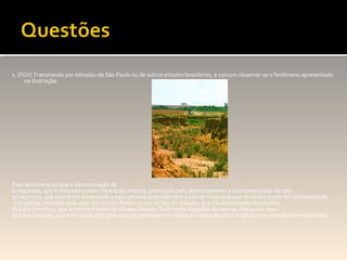 1. (FGV) Transitando por estradas de São Paulo ou de outros estados brasileiros, é comum observar-se o fenômeno apresentado na ilustração. Esse fenômeno recebe a denominação de a) voçoroca, que é formada a partir de erosão intensa, provocada pelo desmatamento e uso inadequado do solo. b) voçoroca, que ocorre em áreas onde a agricultura é praticada sem o uso de máquinas que revolvam o solo em profundidade. c) orogênia, formada pela ação dos lençóis freáticos nas rochas do subsolo, que são lentamente dissolvidas. d) sulco laterítico, que ocorre em áreas de várzeas fluviais, facilmente alagadas durante as cheias dos rios. e) sulco lixiviado, que é formado pelo processo de intemperismo físico em áreas de clima tropical com estações bem definidas. 