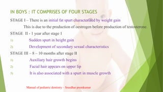 IN BOYS : IT COMPRISES OF FOUR STAGES
STAGE I – There is an initial fat spurt characterized by weight gain
This is due to the production of oestrogen before production of testosterone.
STAGE II - 1 year after stage 1
1) Sudden spurt in height gain
2) Development of secondary sexual characteristics
STAGE III – 8 – 10 months after stage II
1) Auxiliary hair growth begins
2) Facial hair appears on upper lip
3) It is also associated with a spurt in muscle growth
Manual of pediatric dentistry – Sreedhar premkumar
 