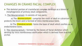 CHANGES IN CRANIO FACIAL COMPLEX
 The skeletal portion of craniofacial complex develops as a blend of
morphogenesis of primary skull components.
1. The Neurocranium: it consists of two parts:
a) The desmocranium : comprise the vault of skull or calvarium .It
protects the brain and is formed of intra membranous bone.
b) The Chondrocranium: forms the base of skull which ossifies as an
endochondral bone.
2. The viscerocranium : formed by the bones of facial skeleton which
develop by intra membranous ossification which is derived from brachial
arches
TEXTBOOK OF PEDODONTICS- 3rd Edition-shobha Tandon
 