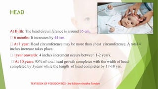 HEAD
At Birth: The head circumference is around 35 cm.
6 months: It increases by 44 cm.
At 1 year: Head circumference may be more than chest circumference. A total 4
inches increase takes place.
1year onwards: 4 inches increment occurs between 1-2 years.
At 10 years: 95% of total head growth completes with the width of head
completed by 3years while the length of head completes by 17-18 yrs.
TEXTBOOK OF PEDODONTICS- 3rd Edition-shobha Tandon
 