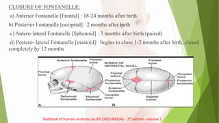 CLOSURE OF FONTANELLE:
a) Anterior Fontanelle [Frontal] : 18-24 months after birth.
b) Posterior Fontanelle [occipital]: 2 months after birth
c) Antero-lateral Fontanelle [Sphenoid] : 3 months after birth (paired)
d) Postero- lateral Fontanelle [mastoid]: begins to close 1-2 months after birth, closed
completely by 12 months
Textbook of human anatomy by BD CHOURASIAS - 7th edition- volume 1
 