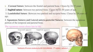 1. Coronal Suture: between the frontal and parietal bone. Closes by 24-35 years
2. Sagittal suture: between two parietal bone. Closes by 22-30 years of age.
3. Lambdoidal Suture: Between two parietal and occipital bone. Closes by 29 years of
age.
4. Squamous Sutures and Lateral antero-posterior Sutures: between the squamous
portion of the temporal and parietal bone.
The squamous suture closes late in life.
Textbook of human anatomy by BD CHOURASIAS - 7th edition- volume 1
 