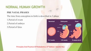 NORMAL HUMAN GROWTH
PRE NATAL PHASES
The time from conception to birth is described in 3 phase
1.Period of ovum
2.Period of embryo
3.Period of fetes
Principles And Practice Of Pedodontics-3rd Edition- Aarathi Rao
 