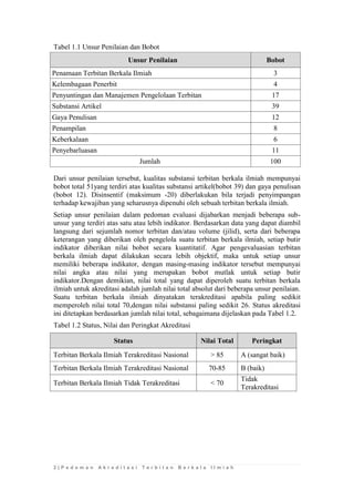 2 | P e d o m a n A k r e d i t a s i T e r b i t a n B e r k a l a I l m i a h 
Tabel 1.1 Unsur Penilaian dan Bobot Unsur Penilaian Bobot 
Penamaan Terbitan Berkala Ilmiah 
3 
Kelembagaan Penerbit 
4 
Penyuntingan dan Manajemen Pengelolaan Terbitan 
17 
Substansi Artikel 
39 
Gaya Penulisan 
12 
Penampilan 
8 
Keberkalaan 
6 
Penyebarluasan 
11 
Jumlah 
100 
Dari unsur penilaian tersebut, kualitas substansi terbitan berkala ilmiah mempunyai bobot total 51yang terdiri atas kualitas substansi artikel(bobot 39) dan gaya penulisan (bobot 12). Disinsentif (maksimum -20) diberlakukan bila terjadi penyimpangan terhadap kewajiban yang seharusnya dipenuhi oleh sebuah terbitan berkala ilmiah. 
Setiap unsur penilaian dalam pedoman evaluasi dijabarkan menjadi beberapa sub- unsur yang terdiri atas satu atau lebih indikator. Berdasarkan data yang dapat diambil langsung dari sejumlah nomor terbitan dan/atau volume (jilid), serta dari beberapa keterangan yang diberikan oleh pengelola suatu terbitan berkala ilmiah, setiap butir indikator diberikan nilai bobot secara kuantitatif. Agar pengevaluasian terbitan berkala ilmiah dapat dilakukan secara lebih objektif, maka untuk setiap unsur memiliki beberapa indikator, dengan masing-masing indikator tersebut mempunyai nilai angka atau nilai yang merupakan bobot mutlak untuk setiap butir indikator.Dengan demikian, nilai total yang dapat diperoleh suatu terbitan berkala ilmiah untuk akreditasi adalah jumlah nilai total absolut dari beberapa unsur penilaian. Suatu terbitan berkala ilmiah dinyatakan terakreditasi apabila paling sedikit memperoleh nilai total 70,dengan nilai substansi paling sedikit 26. Status akreditasi ini ditetapkan berdasarkan jumlah nilai total, sebagaimana dijelaskan pada Tabel 1.2. 
Tabel 1.2 Status, Nilai dan Peringkat Akreditasi Status Nilai Total Peringkat 
Terbitan Berkala Ilmiah Terakreditasi Nasional 
> 85 
A (sangat baik) 
Terbitan Berkala Ilmiah Terakreditasi Nasional 
70-85 
B (baik) 
Terbitan Berkala Ilmiah Tidak Terakreditasi 
< 70 
Tidak Terakreditasi  