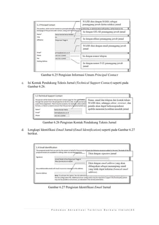 P e d o m a n A k r e d i t a s i T e r b i t a n B e r k a l a I l m i a h | 6 5 
Gambar 6.25 Pengisian Informasi Umum Principal Contact 
c. Isi Kontak Pendukung Teknis Jurnal (Technical Support Contact) seperti pada Gambar 6.26. 
Gambar 6.26 Pengisian Kontak Pendukung Teknis Jurnal 
d. Lengkapi Identifikasi Email Jurnal (Email Identification) seperti pada Gambar 6.27 berikut. 
Gambar 6.27 Pengisian Identifikasi Email Jurnal 
 