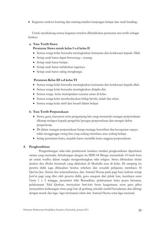 • Kegiatan outdoor learning dan training melalui kunjungan belajar dan studi banding.


        Untuk mendukung semua kegiatan tersebut diberlakukan peraturan tata tertib sebagai
     berikut:

     a. Tata Tertib Siswa
        Peraturan Siswa untuk kelas I s.d kelas II
        • Semua warga kelas berusaha meningkatkan keimanan dan ketakwaan kepada Allah.
        • Setiap anak harus dapat bersenang – senang.
        • Setiap anak harus belajar.
        • Setiap anak harus melakukan tugasnya.
        • Setiap anak harus saling menghargai.

          Peraturan Kelas III s.d kelas VI
         • Semua warga kelas berusaha meningkatkan keimanan dan ketakwaan kepada allah.
         • Semua warga kelas berusaha meningkatkan disiplin diri.
         • Semua warga kelas menciptakan suasana aman di kelas.
         • Semua warga kelas membudayakan hidup bersih, indah dan sehat.
         • Semua warga kelas aktif dan kreatif dalam belajar

     b. Tata Tertib Perpustakaan
        • Siswa, guru, karyawan serta pengunjung lain yang memasuki ruangan perpustakaan
          diharap melapor kepada pengelola/petugas perpustakaan dan mengisi daftar
          pengunjung.
        • Di dalam ruangan perpustakaan harap menjaga ketertiban dan kesopanan supaya
          tidak mengganggu orang lain yang sedang membaca atau sedang belajar.
        • Setiap peminjam buku, majalah harus memiliki kartu anggota perpustakaan.

4.   Pengkondisian
             Pengembangan nilai-nilai pembentuk karakter melalui pengkondisian diperlukan
     sarana yang memadai. Sehubungan dengan itu SDN 04 Birugo menambah 10 buah kran
     air untuk wudhu dalam rangka mengembangkan nilai religius. Siswa dibiasakan shalat
     dzuhur dan dhuha berjamah yang dilakukan di Mushalla atau di kelas. Di samping itu
     peserta didik juga dibiasakan berdoa sebelum dan sesudah pelajaran; membaca Al
     Qur’an/Juz Amma dan terjemahannya, dan Asmaul Husna pada pagi hari; kultum setiap
     Jum’at pagi yang diisi oleh peserta didik, guru ataupun dari pihak luar, membaca surat
     Yasin 1 x 2 minggu, pesantren kilat Ramadhan, pelaksanaan buka puasa bersama,
     pelaksanaan ‘Idul Qurban, merayakan hari-hari besar keagamaan; serta guru piket
     menyambut kedatangan siswa pagi hari di gerbang sekolah sambil bersalaman dan diiringi
     dengan musik dan lagu- lagu bernuansa islam dan Asmaul Husna serta lagu nasional.




Pedoman Pelaksanaan Pendidikan Karakter, Puskurbuk, Januari 2011                                       23
 
 