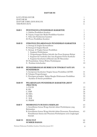 DAFTAR ISI
 
    KATA PENGANTAR                                                                                       i
    DAFTAR ISI                                                                                          ii
    DAFTAR TABEL DAN BAGAN                                                                             iii
    TIM PENYUSUN                                                                                       iv


    BAB I          PENTINGNYA PENDIDIKAN KARAKTER                                                      1
                   A. Hakikat Pendidikan Karakter                                                      1
                   B. Tujuan, Fungsi dan Media Pendidikan Karakter                                     2
                   C. Nilai-nilai Pembentuk Karakter                                                   2
                   D. Proses Pendidikan Karakter                                                       4

    BAB II         STRATEGI PELAKSANAAN PENDIDIKAN KARAKTER                                            5
                   A. Strategi di Tingkat Kemendiknas                                                   5
                   B. Strategi di Tingkat Daerah                                                        7
                   C. Strategi di Tingkat Satuan Pendidikan                                             7
                      1. Kegiatan Pembelajaran                                                          8
                      2. Pengembangan Budaya Sekolah dan Pusat Kegiatan Belajar                         8
                      3. Kegiatan Ko-kurikuler dan/atau Kegiatan Ekstra Kurikuler                       8
                      4. Kegiatan Keseharian di Rumah dan Di Masyarakat                                 9
                   D. Penambahan Alokasi Waktu Pembelajaran                                             9
                   E. Penilaian keberhasilan                                                           10

    BAB III        PENGEMBANGAN KURIKULUM TINGKAT SATUAN                                               11
                   PENDIDIKAN
                   A. Komponen Kurikulum Tingkat Satuan Pendidikan (KTSP)                              11
                   B. Tahapan Pengembangan                                                             11
                   C. Penyiapan perangkat Dalam Rangka Pelaksanaan Pendidikan                          12
                      Karakter di Satuan pendidikan

    BAB IV         PELAKSANAAN PENDIDIKAN KARAKTER (BEST                                               13
                   PRACTICE)
                   A. PAUD                                                                             13
                   B. SD                                                                               18
                   C. SMP                                                                              26
                   D. SMA                                                                              39
                   E. SMK                                                                              50
                   F. SLB                                                                              52
                   G. PKBM                                                                             59

    BAB V          MEMBANGUN BUDAYA SEKOLAH                                                            63
                   A. Keterlibatan Semua Warga Sekolah dalam Pembelajaran yang                         63
                   Berkarakter
                   B. Keterlibatan Semua Warga Sekolah dalam Perawatan, Pemanfaatan,                   63
                      Pemeliharaan Sarana dan Prasarana Pembelajaran serta Lingkungan
                      Sekolah

    BAB VI         PENUTUP                                                                             64
                   SUMBER BAHAN                                                                        65
Pedoman Pelaksanaan Pendidikan Karakter, Puskurbuk, Januari 2011                                         ii
 
 