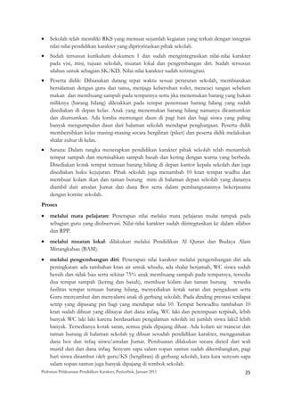 •   Sekolah telah memiliki RKS yang memuat sejumlah kegiatan yang terkait dengan integrasi
    nilai-nilai pendidikan karakter yang diprioritaskan pihak sekolah.
•   Sudah tersusun kurikulum dokumen 1 dan sudah mengintegrasikan nilai-nilai karakter
    pada visi, misi, tujuan sekolah, muatan lokal dan pengembangan diri. Sudah tersusun
    silabus untuk sebagian SK/KD. Nilai-nilai karakter sudah terintegrasi.
•   Peserta didik: Dibiasakan datang tepat waktu sesuai peraturan sekolah, membiasakan
    bersalaman dengan guru dan tamu, menjaga kebersihan toilet, mencuci tangan sebelum
    makan dan membuang sampah pada tempatnya serta jika menemukan barang yang bukan
    miliknya (barang hilang) diletakkan pada tempat penemuan barang hilang yang sudah
    disediakan di depan kelas. Anak yang menemukan barang hilang namanya dicantumkan
    dan diumumkan. Ada lomba memungut daun di pagi hari dan bagi siswa yang paling
    banyak mengumpulan daun dari halaman sekolah mendapat penghargaan. Peserta didik
    membersihkan kelas masing-masing secara bergiliran (piket) dan peserta didik melakukan
    shalat zuhur di kelas.
•   Sarana: Dalam rangka menerapkan pendidikan karakter pihak sekolah telah menambah
    tempat sampah dan memisahkan sampah basah dan kering dengan warna yang berbeda.
    Disediakan kotak tempat temuan barang hilang di depan kantor kepala sekolah dan juga
    disediakan buku kejujuran. Pihak sekolah juga menambah 10 kran tempat wudhu dan
    membuat kolam ikan dan taman burung mini di halaman depan sekolah yang dananya
    diambil dari amalan Jumat dan dana Bos serta dalam pembangunannya bekerjasama
    dengan komite sekolah.
Proses
•   melalui mata pelajaran: Penerapan nilai melalui mata pelajaran mulai tampak pada
    sebagian guru yang diobservasi. Nilai-nilai karakter sudah diintegrasikan ke dalam silabus
    dan RPP.
•   melalui muatan lokal: dilakukan melalui Pendidikan Al Quran dan Budaya Alam
    Minangkabau (BAM).
•   melalui pengembangan diri: Penerapan nilai karakter melalui pengembangan diri ada
    peningkatan: ada tambahan kran air untuk whudu, ada shalat berjamah, WC siswa sudah
    bersih dan tidak bau serta sekitar 75% anak membuang sampah pada tempatnya, tersedia
    dua tempat sampah (kering dan basah), membuat kolam dan taman burung tersedia
    fasilitas tempat temuan barang hilang, menyediakan kotak saran dan pengaduan serta
    Guru menyambut dan menyalami anak di gerbang sekolah. Pada dinding prestasi terdapat
    setrip yang dipasang pin bagi yang mendapat nilai 10. Tempat berwudhu tambahan 10
    kran sudah dibuat yang dibiayai dari dana infaq. WC laki dan perempuan terpisah, lebih
    banyak WC laki laki karena berdasarkan pengalaman sekolah ini jumlah siswa laki2 lebih
    banyak. Tersedianya kotak saran, semua piala dipajang diluar. Ada kolam air mancur dan
    taman burung di halaman sekolah yg dibuat sesudah pendidikan karakter, menggunakan
    dana bos dan infaq siswa/amalan Jumat. Pembuatan dilakukan secara dicicil dari wali
    murid dari dan dana infaq. Senyum sapa salam sopan santun sudah dikembangkan, pagi
    hari siswa disambut oleh guru/KS (bergiliran) di gerbang sekolah, kata-kata senyum sapa
    salam sopan santun juga banyak dipajang di tembok sekolah.
Pedoman Pelaksanaan Pendidikan Karakter, Puskurbuk, Januari 2011                                       25
 
 