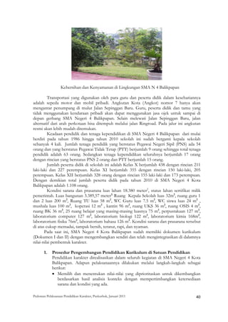 Kebersihan dan Kenyamanan di Lingkungan SMA N 4 Balikpapan

         Transportasi yang digunakan oleh para guru dan peserta didik dalam kesehariannya
adalah sepeda motor dan mobil pribadi. Angkutan Kota (Angkot) nomor 7 hanya akan
mengantar penumpang di mulut Jalan Sepinggan Baru. Guru, peserta didik dan tamu yang
tidak menggunakan kendaraan pribadi akan dapat menggunakan jasa ojek untuk sampai di
depan gerbang SMA Negeri 4 Balikpapan. Selain melewati Jalan Sepinggan Baru, jalan
alternatif dari arah perkotaan bisa ditempuh melalui jalan Ringroad. Pada jalur ini angkutan
resmi akan lebih mudah ditemukan.
         Keadaan pendidik dan tenaga kependidikan di SMA Negeri 4 Balikpapan dari mulai
berdiri pada tahun 1986 hingga tahun 2010 sekolah ini sudah berganti kepala sekolah
sebanyak 4 kali. Jumlah tenaga pendidik yang berstatus Pegawai Negeri Sipil (PNS) ada 54
orang dan yang berstatus Pegawai Tidak Tetap (PTT) berjumlah 9 orang sehingga total tenaga
pendidik adalah 63 orang. Sedangkan tenaga kependidikan seluruhnya berjumlah 17 orang
dengan rincian yang berstatus PNS 2 orang dan PTT berjumlah 15 orang.
         Jumlah peserta didik di sekolah ini adalah Kelas X berjumlah 438 dengan rincian 211
laki-laki dan 227 perempuan. Kelas XI berjumlah 355 dengan rincian 150 laki-laki, 205
perempuan. Kelas XII berjumlah 328 orang dengan rincian 155 laki-laki dan 173 perempuan.
Dengan demikian total jumlah peserta didik pada tahun 2010 di SMA Negeri 4 Kota
Balikpapan adalah 1.108 orang.
         Kondisi sarana dan prasarana luas lahan 18.380 meter2, status lahan sertifikat milik              P       P




pemerintah. Luas bangunan 3.389,57 meter2. Ruang Kepala Sekolah luas 32m2, ruang guru 1
                                                                       P       P                                                                P   P




dan 2 luas 200 m2, Ruang TU luas 58 m2, WC Guru luas 7.5 m2, WC siswa luas 24 m2 ,
                           P   P                                   P       P                                           P   P                              P   P




mushala luas 100 m2, koperasi 12 m2 , kantin 96 m2, ruang UKS 36 m2, ruang OSIS 4 m2,
                                   P   P                   P   P                       P       P                                       P   P                      P           P




ruang BK 36 m2, 25 ruang belajar yang masing-masing luasnya 75 m2, perpustakaan 127 m2,
                   P   P                                                                                                       P   P                                  P       P




laboratorium computer 127 m2, laboratorium biologi 122 m2, laboratorium kimia 168m2,
                                                   P   P                                               P       P                                                  P       P




laboratorium fisika 76m2, laboratorium bahasa 126 m2. Kondisi sarana dan prasarana tersebut
                                           P   P                                   P       P




di atas cukup memadai, tampak bersih, teratur, rapi, dan nyaman.
       Pada saat ini, SMA Negeri 4 Kota Balikpapan sudah memiliki dokumen kurikulum
(Dokumen I dan II) dengan mengembangkan sendiri dan telah mengintegrasikan di dalamnya
nilai-nilai pembentuk karakter.

       1.    Prosedur Pengembangan Pendidikan Kurikulum di Satuan Pendidikan
             Pendidikan karakter direalisasikan dalam seluruh kegiatan di SMA Negeri 4 Kota
             Balikpapan. Adapun pelaksanaannya dilakukan melalui langkah-langkah sebagai
             berikut:
             • Memilih dan menentukan nilai-nilai yang diprioritaskan untuk dikembangkan
                berdasarkan hasil analisis konteks dengan mempertimbangkan ketersediaan
                sarana dan kondisi yang ada.

Pedoman Pelaksanaan Pendidikan Karakter, Puskurbuk, Januari 2011                                                                                          40
 
 