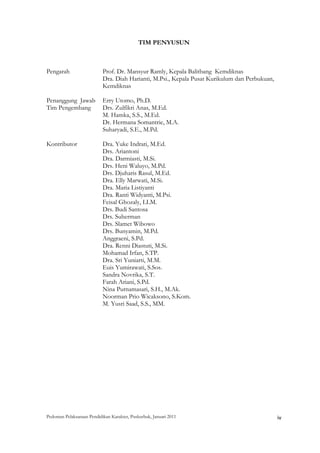 TIM PENYUSUN
 
 
 
Pengarah                   Prof. Dr. Mansyur Ramly, Kepala Balitbang Kemdiknas
                           Dra. Diah Harianti, M.Psi., Kepala Pusat Kurikulum dan Perbukuan,
                           Kemdiknas

Penanggung Jawab           Erry Utomo, Ph.D.
Tim Pengembang             Drs. Zulfikri Anas, M.Ed.
                           M. Hamka, S.S., M.Ed.
                           Dr. Hermana Somantrie, M.A.
                           Suharyadi, S.E., M.Pd.

Kontributor                Dra. Yuke Indrati, M.Ed.
                           Drs. Ariantoni
                           Dra. Darmiasti, M.Si.
                           Drs. Heni Waluyo, M.Pd.
                           Drs. Djuharis Rasul, M.Ed.
                           Dra. Elly Marwati, M.Si.
                           Dra. Maria Listiyanti
                           Dra. Ranti Widyanti, M.Psi.
                           Feisal Ghozaly, LLM.
                           Drs. Budi Santosa
                           Drs. Suherman
                           Drs. Slamet Wibowo
                           Drs. Bunyamin, M.Pd.
                           Anggraeni, S.Pd.
                           Dra. Renni Diastuti, M.Si.
                           Mohamad Irfan, S.TP.
                           Dra. Sri Yuniarti, M.M.
                           Euis Yumirawati, S.Sos.
                           Sandra Novrika, S.T.
                           Farah Ariani, S.Pd.
                           Nina Purnamasari, S.H., M.Ak.
                           Noorman Prio Wicaksono, S.Kom.
                           M. Yusri Saad, S.S., MM.
 

 
 
 
 
 
 
 
 
 




Pedoman Pelaksanaan Pendidikan Karakter, Puskurbuk, Januari 2011                                       iv
 
 