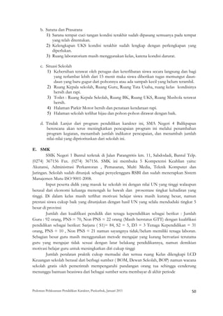b. Sarana dan Prasarana
        1) Sarana tempat cuci tangan kondisi terakhir sudah dipasang semuanya pada tempat
            yang telah ditentukan.
        2) Kelengkapan UKS kondisi terakhir sudah lengkap dengan perlengkapan yang
            diperlukan.
        3) Ruang laboratorium masih menggunakan kelas, karena kondisi darurat.

     c. Situasi Sekolah
         1) Kebersihan terawat oleh petugas dan keterlibatan siswa secara langsung dan bagi
             yang terlambat lebih dari 15 menit maka siswa diberikan tugas memungut daun-
             daun yang baru gugur dari pohonnya atau ada sampah kecil yang belum terambil.
         2) Ruang Kepala sekolah, Ruang Guru, Ruang Tata Usaha, ruang kelas kondisinya
             bersih dan rapi.
         3) Toilet : Ruang Kepala Sekolah, Ruang BK, Ruang UKS, Ruang Mushola terawat
             bersih.
         4) Halaman Parkir Motor bersih dan penataan kendaraan rapi.
         5) Halaman sekolah terlihat hijau dan pohon-pohon dirawat dengan baik.

     d. Tindak Lanjut dari program pendidikan karakter ini, SMA Negeri 4 Balikpapan
        berencana akan terus meningkatkan pencapaian program ini melalui penambahan
        program kegiatan, menambah jumlah indikator pencapaian, dan menambah jumlah
        nilai-nilai yang diprioritaskan dari sekolah ini.

E. SMK
        SMK Negeri 1 Bantul terletak di Jalan Parangtritis km. 11, Sabdodadi, Bantul Telp.
(0274) 367156 Fax. (0274) 367156. SMK ini membuka 5 Kompetensi Keahlian yaitu:
Akutansi, Administrasi Perkantoran , Pemasaran, Multi Media, Teknik Komputer dan
Jaringan. Sekolah sudah ditunjuk sebagai penyelenggara RSBI dan sudah menerapkan Sistem
Manajemen Mutu ISO 9001-2008.
        Input peserta didik yang masuk ke sekolah ini dengan nilai UN yang tinggi walaupun
berasal dari ekonomi keluarga menengah ke bawah dan prosentase tingkat kehadiran yang
tinggi. Di dalam kelas masih terlihat motivasi belajar siswa masih kurang besar, namun
prestasi siswa cukup baik yang ditunjukan dengan hasil UN yang selalu menduduki tingkat 5
besar di provinsi
        Jumlah dan kualifikasi pendidik dan tenaga kependidikan sebagai berikut : Jumlah
Guru : 92 orang, PNS = 70, Non PNS = 22 orang (Masih berstatus GTT) dengan kualifikasi
pendidikan sebagai berikut: Sarjana ( S1)= 84, S2 = 5, D3 = 3 Tenaga Kependidikan = 31
orang, PNS = 10 , Non PNS = 21 namun sayangnya tidak/belum memiliki tenaga laboran.
Sebagian besar guru masih menggunakan metode mengajar yang kurang bervariasi terutama
guru yang mengajar tidak sesuai dengan latar belakang pendidikannya, namun demikian
motivasi belajar guru untuk meningkatkan diri cukup tinggi
        Jumlah peralatan praktik cukup memadai dan semua ruang Kelas dilengkapi LCD
Keuangan sekolah berasal dari berbagi sumber ( BOM, Dewan Sekolah, BOP) namun wacana
sekolah gratis oleh pemerintah mempengaruhi pandangan orang tua sehingga cenderung
menunggu bantuan beasiswa dari bebagai sumber serta membayar di akhir periode



Pedoman Pelaksanaan Pendidikan Karakter, Puskurbuk, Januari 2011                                       50
 
 