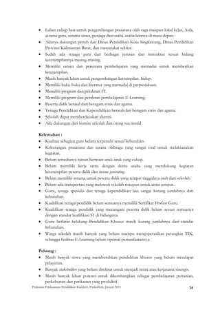 •    Lahan cukup luas untuk pengembangan prasarana olah raga maupun lokal kelas, Aula,
         asrama guru, asrama siswa, penjaga dan usaha-usaha lainnya di masa depan.
    •    Adanya dukungan penuh dari Dinas Pendidikan Kota Singkawang, Dinas Pendidikan
         Provinsi Kalimantan Barat, dan masyarakat sekitar.
    •    Sudah ada tenaga guru dari berbagai jurusan dan instruktur sesuai bidang
         keterampilannya masing-masing.
    •    Memiliki sarana dan prasarana pembelajaran yang memadai untuk memberikan
         keterampilan.
    •    Masih banyak lahan untuk pengembangan ketrampilan hidup.
    •    Memiliki buku-buku dan literatur yang memadai di perpustakaan.
    •    Memiliki program dan peralatan IT.
    •    Memiliki program dan peralatan pembelajaran E-Learning.
    •    Peserta didik berasal dari beragam etnis dan agama.
    •    Tenaga Pendidikan dan Kependidikan berasal dari beragam etnis dan agama.
    •    Sekolah dapat memberdayakan alumni.
    •    Ada dukungan dari komite sekolah dan orang tua murid

    Kelemahan :
    • Kualitas sebagian guru belum terpenuhi sesuai kebutuhan.
    • Kekurangan prasarana dan sarana olahraga yang sangat vital untuk melaksanakan
       kegiatan.
    • Belum tersedianya taman bermain anak-anak yang cukup.
    • Belum memiliki kerja sama dengan dunia usaha yang mendukung kegiatan
       keterampilan peserta didik dan income generating.
    • Belum memiliki asrama untuk peserta didik yang tempat tinggalnya jauh dari sekolah.
    • Belum ada transportasi yang melewati sekolah maupun untuk antar jemput.
    • Guru, tenaga spesialis dan tenaga kependidikan lain sangat kurang jumlahnya dari
       kebutuhan.
    • Kualifikasi tenaga pendidik belum semuanya memiliki Sertifikat Profesi Guru.
    • Kualifikasi tenaga pendidik yang menangani peserta didik belum sesuai semuanya
       dengan standar kualifikasi S1 di bidangnya.
    • Guru berlatar belakang Pendidikan Khusus masih kurang jumlahnya dari standar
       kebutuhan.
    • Warga sekolah masih banyak yang belum mampu mengoperasikan perangkat TIK,
       sehingga fasilitas E-Learning belum optimal pemanfaatannya.

    Peluang :
    • Masih banyak siswa yang membutuhkan pendidikan khusus yang belum mendapat
       pelayanan.
    • Banyak stakeholders yang belum direkrut untuk menjadi mitra atau kerjasama sinergis.
    • Masih banyak lahan potensi untuk dikembangkan sebagai pembelajaran pertanian,
       perkebunan dan perikanan yang produktif.
Pedoman Pelaksanaan Pendidikan Karakter, Puskurbuk, Januari 2011                                       54
 
 