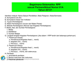PUSAT PENGEMBANGAN TENAGA KEPENDIDIKAN 11
Identitas meliputi: Nama Satuan Pendidikan, Mata Pelajaran, Kelas/Semester,
A. Kompetensi Inti (KI)
B. Kompetensi Dasar dan Indikator
C. Tujuan Pembelajaran
D. Materi Pembelajaran (rincian dari Materi Pokok)
E. Metode Pembelajaran (Rincian dari Kegiatan Pembelajaran)
F. Media, Alat, dan Sumber Pembelajaran
1. Media
2. Alat/Bahan
3. Sumber Belajar
G. Langkah-langkah Kegiatan Pembelajaran (Jika dalam 1 RPP terdiri dari beberapa pertemuan)
1. Pertemuan Kesatu:
a. Pendahuluan/Kegiatan Awal (…menit)
b. Kegiatan Inti (...menit)
c. Penutup (…menit)
2. Pertemuan Kedua:
a. Pendahuluan/Kegiatan Awal (…menit)
b. Kegiatan Inti (...menit)
c. Penutup (…menit), dan seterusnya.
H. Penilaian
1. Jenis/teknik penilaian
2. Bentuk instrumen dan instrumen
3. Pedoman penskoran
Bagaimana Sistematika RPP
sesuai Permendikbud Nomor 81A
Tahun 2013?
 