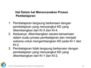 PUSAT PENGEMBANGAN TENAGA KEPENDIDIKAN 22
Hal Dalam hal Merencanakan Proses
Pembelajaran
1. Pembelajaran langsung berkenaan dengan
pembelajaran yang menyangkut KD yang
dikembangkan dari KI-3 dan KI-4.
2. Keduanya, dikembangkan secara bersamaan
dalam suatu proses pembelajaran dan menjadi
wahana untuk mengembangkan KD pada KI-1 dan
KI-2.
3. Pembelajaran tidak langsung berkenaan dengan
pembelajaran yang menyangkut KD yang
dikembangkan dari KI-1 dan KI-2.
 