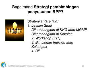PUSAT PENGEMBANGAN TENAGA KEPENDIDIKAN 23
Strategi antara lain:
1. Lesson Studi
Dikembangkan di KKG atau MGMP
Dikembangkan di Sekolah
2. Workshop (IHT)
3. Bimbingan Individu atau
Kelompok
4. Dll.
Bagaimana Strategi pembimbingan
penyusunan RPP?
 