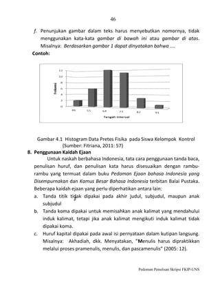46
f. Penunjukan gambar dalam teks harus menyebutkan nomornya, tidak
menggunakan kata-kata gambar di bawah ini atau gambar di atas.
Misalnya: Berdasarkan gambar 1 dapat dinyatakan bahwa ....
Contoh:

Gambar 4.1 Histogram Data Pretes Fisika pada Siswa Kelompok Kontrol
(Sumber: Fitriana, 2011: 57)
8. Penggunaan Kaidah Ejaan
Untuk naskah berbahasa Indonesia, tata cara penggunaan tanda baca,
penulisan huruf, dan penulisan kata harus disesuaikan dengan ramburambu yang termuat dalam buku Pedoman Ejaan bahasa Indonesia yang
Disempurnakan dan Kamus Besar Bahasa Indonesia terbitan Balai Pustaka.
Beberapa kaidah ejaan yang perlu diperhatikan antara lain:
a. Tanda titik tidak dipakai pada akhir judul, subjudul, maupun anak
subjudul
b. Tanda koma dipakai untuk memisahkan anak kalimat yang mendahului
induk kalimat, tetapi jika anak kalimat mengikuti induk kalimat tidak
dipakai koma.
c. Huruf kapital dipakai pada awal isi pernyataan dalam kutipan langsung.
Misalnya: Akhadiah, dkk. Menyatakan, ”Menulis harus dipraktikkan
melalui proses pramenulis, menulis, dan pascamenulis” (2005: 12).

Pedoman Penulisan Skripsi FKIP-UNS

 