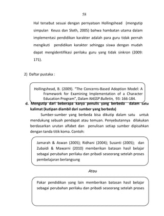 58
Hal tersebut sesuai dengan pernyataan Hollingshead (mengutip
simpulan Keuss dan Sloth, 2005) bahwa hambatan utama dalam
implementasi pendidikan karakter adalah para guru tidak pernah
mengikuti

pendidikan karakter sehingga siswa dengan mudah

dapat mengidentifikasi perilaku guru yang tidak sinkron (2009:
171).

2) Daftar pustaka :

Hollingshead, B. (2009). “The Concerns-Based Adoption Model: A
Framework for Examining Implementation of a Character
Education Program”, Dalam NASSP Bulletin, 93: 166-184.
d. Mengutip dari beberapa karya penulis yang berbeda dalam satu
kalimat (kutipan diambil dari sumber yang berbeda)
Sumber-sumber yang berbeda bisa dikutip dalam satu untuk
mendukung sebuah pendapat atau temuan. Penyebutannya dilakukan
berdasarkan urutan alfabet dan penulisan setiap sumber dipisahkan
dengan tanda titik koma. Contoh:
Jamarah & Aswan (2005); Ridhani (2004); Susanti (2005); dan
Zubaidi & Mawarni (2010) memberikan batasan hasil belajar
sebagai perubahan perilaku dan pribadi seseorang setelah proses
pembelajaran berlangsung

Atau
Pakar pendidikan yang lain memberikan batasan hasil belajar
sebagai perubahan perilaku dan pribadi seseorang setelah proses
Pedoman Penulisan Skripsi FKIP-UNS

 