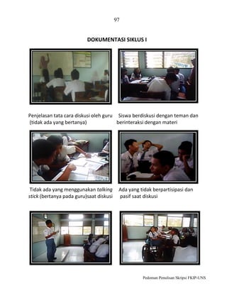 97

DOKUMENTASI SIKLUS I

Penjelasan tata cara diskusi oleh guru Siswa berdiskusi dengan teman dan
(tidak ada yang bertanya)
berinteraksi dengan materi

Tidak ada yang menggunakan talking
stick (bertanya pada guru)saat diskusi

Ada yang tidak berpartisipasi dan
pasif saat diskusi

Pedoman Penulisan Skripsi FKIP-UNS

 