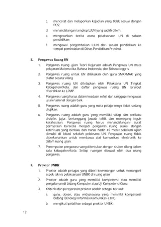 12
c. mencatat dan melaporkan kejadian yang tidak sesuai dengan
POS;
d. menandatangani amplop LJUN yang sudah dilem;
e. mengesahkan berita acara pelaksanaan UN di satuan
pendidikan;
f. mengawal pengembalian LJUN dari satuan pendidikan ke
tempat pemindaian di Dinas Pendidikan Provinsi.
E. Pengawas Ruang UN
1. Pengawas ruang ujian Teori Kejuruan adalah Pengawas UN mata
pelajaran Matematika, Bahasa Indonesia, dan Bahasa Inggris
2. Pengawas ruang untuk UN dilakukan oleh guru SMK/MAK yang
diatur secara silang.
3. Pengawas ruang UN ditetapkan oleh Pelaksana UN Tingkat
Kabupaten/Kota, dan daftar pengawas ruang UN tersebut
diserahkan ke LPMP.
4. Pengawas ruang harus dalam keadaan sehat dan sanggup mengawas
ujian nasional dengan baik.
5. Pengawas ruang adalah guru yang mata pelajarannya tidak sedang
diujikan.
6. Pengawas ruang adalah guru yang memiliki sikap dan perilaku
disiplin, jujur, bertanggung jawab, teliti, dan memegang teguh
kerahasiaan. Pengawas ruang harus menandatangani surat
pernyataan bersedia menjadi pengawas ruang sesuai dengan
ketentuan yang berlaku dan harus hadir 45 menit sebelum ujian
dimulai di lokasi sekolah pelaksana UN. Pengawas ruang tidak
diperkenankan untuk membawa alat komunikasi elektronik ke
dalam ruang ujian.
7. Penempatan pengawas ruang ditentukan dengan sistem silang dalam
satu kabupaten/kota. Setiap ruangan diawasi oleh dua orang
pengawas.
F. Proktor UNBK
1. Proktor adalah petugas yang diberi kewenangan untuk menangani
aspek teknis pelaksanaan UNBK di ruang ujian
2. Proktor adalah guru yang memiliki kompetensi atau memiliki
pengalaman di bidang Komputer atau Uji Kompetensi Guru;
3. Kriteria dan persyaratan proktor adalah sebagai berikut:
a. guru, dosen, atau widyaiswara yang memiliki kompetensi
bidang teknologi informasi komunikasi (TIK);
b. mengikuti pelatihan sebagai proktor UNBK;
 