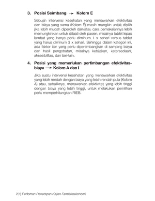 3.	 Posisi Seimbang

Kolom E

Sebuah intervensi kesehatan yang menawarkan efektivitas
dan biaya yang sama (Kolom E) masih mungkin untuk dipilih
jika lebih mudah diperoleh dan/atau cara pemakaiannya lebih
memungkinkan untuk ditaati oleh pasien, misalnya tablet lepas
lambat yang hanya perlu diminum 1 x sehari versus tablet
yang harus diminum 3 x sehari. Sehingga dalam kategori ini,
ada faktor lain yang perlu dipertimbangkan di samping biaya
dan hasil pengobatan, misalnya kebijakan, ketersediaan,
aksesibilitas, dan lain-lain.

4.	 Posisi yang memerlukan pertimbangan efektivitasbiaya
Kolom A dan I
Jika suatu intervensi kesehatan yang menawarkan efektivitas
yang lebih rendah dengan biaya yang lebih rendah pula (Kolom
A) atau, sebaliknya, menawarkan efektivitas yang lebih tinggi
dengan biaya yang lebih tinggi, untuk melakukan pemilihan
perlu memperhitungkan RIEB.

20 | Pedoman Penerapan Kajian Farmakoekonomi

 
