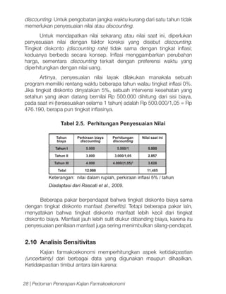 discounting. Untuk pengobatan jangka waktu kurang dari satu tahun tidak
memerlukan penyesuaian nilai atau discounting.
Untuk mendapatkan nilai sekarang atau nilai saat ini, diperlukan
penyesuaian nilai dengan faktor koreksi yang disebut discounting.
Tingkat diskonto (discounting rate) tidak sama dengan tingkat inflasi;
keduanya berbeda secara konsep. Inflasi menggambarkan perubahan
harga, sementara discounting terkait dengan preferensi waktu yang
diperhitungkan dengan nilai uang.
Artinya, penyesuaian nilai layak dilakukan manakala sebuah
program memiliki rentang waktu beberapa tahun walau tingkat inflasi 0%.
Jika tingkat diskonto dinyatakan 5%, sebuah intervensi kesehatan yang
setahun yang akan datang bernilai Rp 500.000 dihitung dari sisi biaya,
pada saat ini (tersesuaikan selama 1 tahun) adalah Rp 500.000/1,05 = Rp
476.190, berapa pun tingkat inflasinya.
Tabel 2.5. Perhitungan Penyesuaian Nilai
Tahun
biaya

Perkiraan biaya
discounting

Perhitungan
discounting

Nilai saat ini
5.000

Tahun I

5.000

5.000/1

Tahun II

3.000

3.000/1,05

2.857

Tahun III

4.000

4.000/(1,05)2

3.628

Total

12.000

11.485

Keterangan: nilai dalam rupiah, perkiraan inflasi 5% / tahun	
Diadaptasi dari Rascati et al., 2009.

Beberapa pakar berpendapat bahwa tingkat diskonto biaya sama
dengan tingkat diskonto manfaat (benefits). Tetapi beberapa pakar lain,
menyatakan bahwa tingkat diskonto manfaat lebih kecil dari tingkat
diskonto biaya. Manfaat jauh lebih sulit diukur dibanding biaya, karena itu
penyesuaian penilaian manfaat juga sering menimbulkan silang-pendapat.

2.10	 Analisis Sensitivitas
Kajian farmakoekonomi memperhitungkan aspek ketidakpastian
(uncertainty) dari berbagai data yang digunakan maupun dihasilkan.
Ketidakpastian timbul antara lain karena:
28 | Pedoman Penerapan Kajian Farmakoekonomi

 
