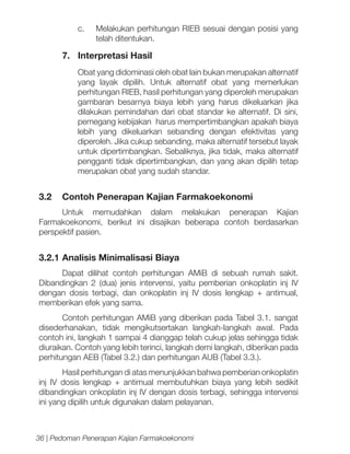 c.	

Melakukan perhitungan RIEB sesuai dengan posisi yang
telah ditentukan.

7.	 Interpretasi Hasil
Obat yang didominasi oleh obat lain bukan merupakan alternatif
yang layak dipilih. Untuk alternatif obat yang memerlukan
perhitungan RIEB, hasil perhitungan yang diperoleh merupakan
gambaran besarnya biaya lebih yang harus dikeluarkan jika
dilakukan pemindahan dari obat standar ke alternatif. Di sini,
pemegang kebijakan harus mempertimbangkan apakah biaya
lebih yang dikeluarkan sebanding dengan efektivitas yang
diperoleh. Jika cukup sebanding, maka alternatif tersebut layak
untuk dipertimbangkan. Sebaliknya, jika tidak, maka alternatif
pengganti tidak dipertimbangkan, dan yang akan dipilih tetap
merupakan obat yang sudah standar.

3.2 	 Contoh Penerapan Kajian Farmakoekonomi
Untuk memudahkan dalam melakukan penerapan Kajian
Farmakoekonomi, berikut ini disajikan beberapa contoh berdasarkan
perspektif pasien.

3.2.1	Analisis Minimalisasi Biaya
Dapat dilihat contoh perhitungan AMiB di sebuah rumah sakit.
Dibandingkan 2 (dua) jenis intervensi, yaitu pemberian onkoplatin inj IV
dengan dosis terbagi, dan onkoplatin inj IV dosis lengkap + antimual,
memberikan efek yang sama.
Contoh perhitungan AMiB yang diberikan pada Tabel 3.1. sangat
disederhanakan, tidak mengikutsertakan langkah-langkah awal. Pada
contoh ini, langkah 1 sampai 4 dianggap telah cukup jelas sehingga tidak
diuraikan. Contoh yang lebih terinci, langkah demi langkah, diberikan pada
perhitungan AEB (Tabel 3.2.) dan perhitungan AUB (Tabel 3.3.).
Hasil perhitungan di atas menunjukkan bahwa pemberian onkoplatin
inj IV dosis lengkap + antimual membutuhkan biaya yang lebih sedikit
dibandingkan onkoplatin inj IV dengan dosis terbagi, sehingga intervensi
ini yang dipilih untuk digunakan dalam pelayanan.

36 | Pedoman Penerapan Kajian Farmakoekonomi

 