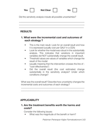 Yes	

Not Clear		

No

Did the sensitivity analysis indude all possible uncertainties?
__________________________________________________________
__________________________________________________________
__________________________________________________________

RESULTS
1. What were the incremental cost and outcomes of
each strategy ?
•	
•	
•	
•	
•	

This is the main result. Look for an overall result and how
it is expressed (usually cost per QALY in a CEA)
Look for whether the modal was robust in the substantially
analysis. This indicates that variations in important
variables did NOT subtanstially change the overall result.
Threshold values are values of variables which change the
result of the model
(usually meaning that the intervention crosses the line of :
“cost-effectiveness”)
Did the overall result (the cost estimates) change
substantially in the sensitivity analysis? Under which
conditions change?

What was the overall result? Describe how uncertainty changes the
incremental costs and outcomes of each strategy?
________________________________________________________
________________________________________________________

APPLICABILITY
1. Are the treatment benefits worth the harms and
costs?
Consider the following issues:
•	 What was the magnitude of the benefit or harm?
Pedoman Penerapan Kajian Farmakoekonomi | 63

 