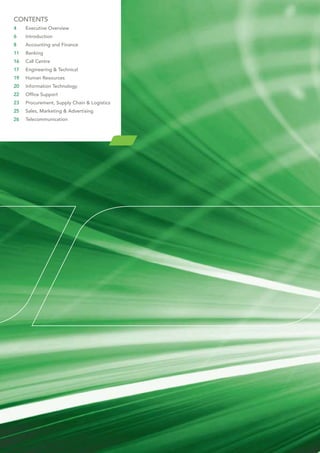 Contents
4     executive overview
6     Introduction
8     Accounting and Finance
11    Banking
16    Call Centre
17    engineering & technical
19    Human Resources
20    Information technology
22	   Office	Support	
23	   Procurement,	Supply	Chain	&	Logistics
25    sales, Marketing & Advertising
26    telecommunication
 