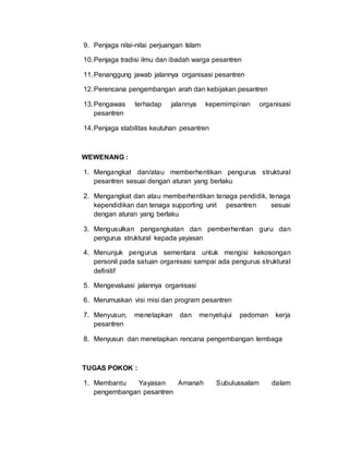 9. Penjaga nilai-nilai perjuangan Islam
10.Penjaga tradisi ilmu dan ibadah warga pesantren
11.Penanggung jawab jalannya organisasi pesantren
12.Perencana pengembangan arah dan kebijakan pesantren
13.Pengawas terhadap jalannya kepemimpinan organisasi
pesantren
14.Penjaga stabilitas keutuhan pesantren
WEWENANG :
1. Mengangkat dan/atau memberhentikan pengurus struktural
pesantren sesuai dengan aturan yang berlaku
2. Mengangkat dan atau memberhentikan tenaga pendidik, tenaga
kependidikan dan tenaga supporting unit pesantren sesuai
dengan aturan yang berlaku
3. Mengusulkan pengangkatan dan pemberhentian guru dan
pengurus struktural kepada yayasan
4. Menunjuk pengurus sementara untuk mengisi kekosongan
personil pada satuan organisasi sampai ada pengurus struktural
definitif
5. Mengevaluasi jalannya organisasi
6. Merumuskan visi misi dan program pesantren
7. Menyusun, menetapkan dan menyetujui pedoman kerja
pesantren
8. Menyusun dan menetapkan rencana pengembangan lembaga
TUGAS POKOK :
1. Membantu Yayasan Amanah Subulussalam dalam
pengembangan pesantren
 