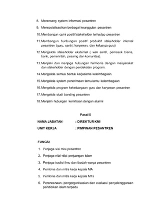 8. Merancang system informasi pesantren
9. Mensosialisasikan berbagai keunggulan pesantren
10.Membangun opini positif stakeholder terhadap pesantren
11.Membangun hunbungan positif produktif stakeholder internal
pesantren (guru, santri, karyawan, dan keluarga guru)
12.Mengelola stakeholder eksternal ( wali santri, pemasok bisnis,
bank, pemerintah, pesaing dan komunitas).
13.Menjalin dan menjaga hubungan harmonis dengan masyarakat
dan stakeholder dengan pendekatan program.
14.Mengelola semua bentuk kerjasama kelembagaan.
15.Mengelola system penerimaan tamu-tamu kelembagaan
16.Mengelola program kekeluargaan guru dan karyawan pesantren
17.Mengelola studi banding pesantren
18.Menjalin hubungan kemitraan dengan alumni
Pasal 5
NAMA JABATAN : DIREKTUR KMI
UNIT KERJA : PIMPINAN PESANTREN
FUNGSI
1. Penjaga visi misi pesantren
2. Penjaga nilai-nilai perjuangan Islam
3. Penjaga tradisi ilmu dan ibadah warga pesantren
4. Pembina dan mitra kerja kepala MA
5. Pembina dan mitra kerja kepala MTs
6. Perencanaan, pengorganisasian dan evaluasi penyelenggaraan
pendidikan islam terpadu
 