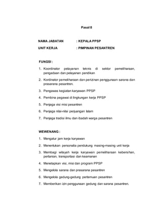 Pasal 8
NAMA JABATAN : KEPALA PPSP
UNIT KERJA : PIMPINAN PESANTREN
FUNGSI :
1. Koordinator pelayanan teknis di sektor pemeliharaan,
pengadaan dan pelayanan pendikan
2. Kordinator pemeliharaan dan perizinan penggunaan sarana dan
prasarana pesantren.
3. Pengawas kegiatan karyawan PPSP
4. Pembina pegawai di lingkungan kerja PPSP
5. Penjaga visi misi pesantren
6. Penjaga nilai-nilai perjuangan Islam
7. Penjaga tradisi ilmu dan ibadah warga pesantren
WEWENANG :
1. Mengatur jam kerja karyawan
2. Menentukan personalia pendukung masing-masing unit kerja
3. Membagi wilayah kerja karyawan pemeliharaan kebersihan,
pertanian, transportasi dan keamanan
4. Menetapkan visi, misi dan program PPSP
5. Mengelola sarana dan prasarana pesantren
6. Mengelola gedung-gedung pertemuan pesantren
7. Memberikan izin penggunaan gedung dan sarana pesantren.
 