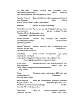 Guru Piket Kantor Tenaga pendidik yang ditugaskan untuk
mengkoordinir pengawasan secara langsung
KBM terkait kehadiran guru dan ketertiban siswa.
Keluarga Pegawai Suami, istri dan anak dan tenaga supporting unit
yang ditugaskan dalam bidang
tertentu baik di sekolah maupun dalam bagian.
Karyawan Pekerja musiman (outsoursing)
Pelatih Ekstrakurikuler Tenaga ahli yang terikat pada hubungan kerja
secara terbatas dengan lembaga Pondok
Pesantren Modern Subulussalam atau
persekolahan atas dasar keahliannya.
Jabatan Struktural Jabatan yang dipangku oleh pengurus
pesantren sesuai dengan struktur dalam
organisasi pesantren.
Jabatan Fungsional Jabatan akademik dan non-akademik yang
dipangku seorang guru berdasarkan
kompetensi yang dimilikinya.
Masa Kerja Masa amanah kepengurusan sejak yang
bersangkutan mendapat surat
pengangkatan hingga akhir kepengurusan selama 3 tahun dan
atau hingga pengangkatan pengurus kembali.
Mutasi Tugas Pemindahan tugas kerja tenaga SDM dari satu
tempat tugas ke tempat tugas lain
sesuai dengan bidangnya berdasarkan ketentuan
yang berlaku.
Rotasi Perputaran tugas kerja tenaga SDM dari satu
tugas ke tugas lain berdasarkan
ketentuan yang berlaku.
Rapat Pimpinan Rapat top management, pimpinan pesantren
dengan sekretaris dan bendahara pesantren untuk
membahas kebijakan-kebijakan strategis Pondok
Pesantren Modern Subulussalam
Rapat Divisi Rapat tim : pimpinan pesantren, sekretaris,
bendahara dan para kepala divisi untuk
 