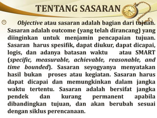 Objective atau sasaran adalah bagian dari tujuan.
Sasaran adalah outcome (yang telah dirancang) yang
diinginkan untuk menjamin pencapaian tujuan.
Sasaran harus spesifik, dapat diukur, dapat dicapai,
logis, dan adanya batasan waktu atau SMART
(specific, measurable, achievable, reasonable, and
time bounded). Sasaran seyogyanya menyatakan
hasil bukan proses atau kegiatan. Sasaran harus
dapat dicapai dan memungkinkan dalam jangka
waktu tertentu. Sasaran adalah bersifat jangka
pendek dan kurang permanent apabila
dibandingkan tujuan, dan akan berubah sesuai
dengan siklus perencanaan.
 