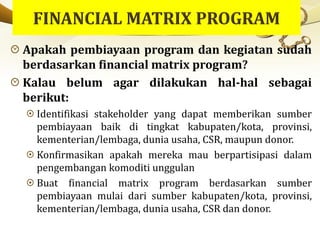 Apakah pembiayaan program dan kegiatan sudah
berdasarkan financial matrix program?
Kalau belum agar dilakukan hal-hal sebagai
berikut:
Identifikasi stakeholder yang dapat memberikan sumber
pembiayaan baik di tingkat kabupaten/kota, provinsi,
kementerian/lembaga, dunia usaha, CSR, maupun donor.
Konfirmasikan apakah mereka mau berpartisipasi dalam
pengembangan komoditi unggulan
Buat financial matrix program berdasarkan sumber
pembiayaan mulai dari sumber kabupaten/kota, provinsi,
kementerian/lembaga, dunia usaha, CSR dan donor.
 