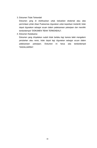 33
3. Dokumen Tidak Terkendali
Dokumen yang di distribusikan untuk kebutuhan eksternal atau atas
permintaan pihak diluar Puskesmas digunakan untuk keperluan insidentil, tidak
dapat digunakan sebagai acuan dalam pelaksanaan pekerjaan dan memiliki
tanda/stempel “DOKUMEN TIDAK TERKENDALI”.
4. Dokumen Kadaluarsa
Dokumen yang dinyatakan sudah tidak berlaku lagi karena telah mengalami
perubahan atau revisi, tidak dapat lagi digunakan sebagai acuan dalam
pelaksanaan pekerjaan. Dokumen ini harus ada tanda/stempel
“KADALUARSA”.
 