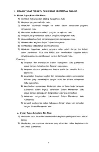 6
1. URAIAN TUGAS TIM MUTU PUSKESMAS KECAMATAN CAKUNG
b. Uraian Tugas Ketua Tim Mutu :
1) Menyusun kebijakan dan strategi manajemen mutu
2) Menyusun program indicator mutu
3) Melakukan koordinasi dengan tim terkait dalam penyusunan program
peningkatan mutu
4) Memantau pelaksanaan seluruh program peningkatan mutu
5) Mengevaluasi pelaksanaan seluruh program peningkatan mutu
6) Mensosialisasikan hasil pencapaian program peningkatan mutu
7) Melaksanakan kegiatan Rapat Tinjaun Managemen
8) Memfasilitasi tindak lanjut hasil rekomendasi
9) Melakukan koordinasi tentang program patien safety dengan tim terkait
dalam pembuatan RCA dan FMEA dan memfasilitasi kegiatan terkait
penyelenggaraan pengembangan, inovasi dan kendali mutu.
Wewenang :
1) Menyusun dan menetapkan Sistem Manajemen Mutu puskesmas
sesuai dengan Kebijakan dan Sasaran puskesmas.
2) Menyusun rencana pelaksanaan Internal Audit dan memilih Auditor
pelaksana.
3) Menetapkan tindakan koreksi dan pencegahan dalam penyelesaian
masalah yang berhubungan dengan mutu dan sistem manajemen
mutu puskesmas.
4) Memberikan pengarahan, bimbingan dan penilaian kerja karyawan
puskesmas dalam lingkup penerapan Sistem Manajemen Mutu
sesuai dengan pencapaian dan prestasi kerja yang dihasilkan.
5) Melakukan pengendalian dokumentasi Sistem Manajemen Mutu
Puskesmas.
6) Mewakili puskesmas dalam hubungan dengan pihak luar berkaitan
dengan Sistem Manajemen Mutu.
c. Uraian Tugas Sekretaris Tim Mutu
1) Membantu ketua tim dalam melaksanakan kegiatan peningkatan mutu sesuai
standar
2) Menyiapkan dan membuat dokumen yang diperlukan dalam kegiatan mutu
dan kinerja puskesmas
 