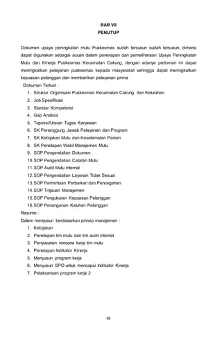 68
BAB VII
PENUTUP
Dokumen upaya peningkatan mutu Puskesmas sudah tersusun sudah tersusun, dimana
dapat digunakan sebagai acuan dalam penerapan dan pemeliharaan Upaya Peningkatan
Mutu dan Kinerja Puskesmas Kecamatan Cakung, dengan adanya pedoman ini dapat
meningkatkan pelayanan puskesmas kepada masyarakat sehingga dapat meningkatkan
kepuasan pelanggan dan memberikan pelayanan prima
Dokumen Terkait :
1. Struktur Organisasi Puskesmas Kecamatan Cakung dan Kelurahan
2. Job Spesifikasi
3. Standar Kompetensi
4. Gap Analisis
5. Tupoksi/Uraian Tugas Karyawan
6. SK Penanggung Jawab Pelayanan dan Program
7. SK Kebijakan Mutu dan Keselamatan Pasien
8. SK Penetapan Wakil Manajemen Mutu
9. SOP Pengendalian Dokumen
10.SOP Pengendalian Catatan Mutu
11.SOP Audit Mutu Internal
12.SOP Pengendalian Layanan Tidak Sesuai
13.SOP Permintaan Perbaikan dan Pencegahan
14.SOP Tinjauan Manajemen
15.SOP Pengukuran Kepuasan Pelanggan
16.SOP Penanganan Keluhan Pelanggan
Resume :
Dalam menyusun berdasarkan prinsip manajemen :
1. Kebijakan
2. Penetapan tim mutu dan tim audit internal
3. Penyusunan rencana kerja tim mutu
4. Penetapan Indikator Kinerja
5. Menyusun program kerja
6. Menyusun SPO untuk mencapai Indikator Kinerja
7. Pelaksanaan program kerja 2
 