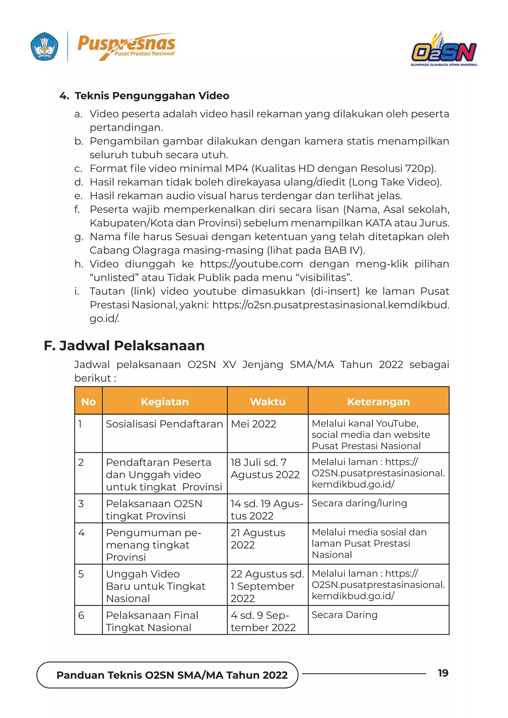 Panduan Teknis O2SN SMA/MA Tahun 2022 19
a. Video peserta adalah video hasil rekaman yang dilakukan oleh peserta
pertandingan.
b. Pengambilan gambar dilakukan dengan kamera statis menampilkan
seluruh tubuh secara utuh.
c. IȌȲǿƊɈ˛ǶƵɨǞƮƵȌǿǞȁǞǿƊǶw§ׄ‫ـ‬jɐƊǶǞɈƊȺR(ƮƵȁǐƊȁªƵȺȌǶɐȺǞ‫׀ׇׂ‬ȯ‫خف‬
d. Hasil rekaman tidak boleh direkayasa ulang/diedit (Long Take Video).
e. Hasil rekaman audio visual harus terdengar dan terlihat jelas.
f. Peserta wajib memperkenalkan diri secara lisan (Nama, Asal sekolah,
Kabupaten/Kota dan Provinsi) sebelum menampilkan KATA atau Jurus.
g. yƊǿƊ˛ǶƵǘƊȲɐȺ²ƵȺɐƊǞƮƵȁǐƊȁǲƵɈƵȁɈɐƊȁɯƊȁǐɈƵǶƊǘƮǞɈƵɈƊȯǲƊȁȌǶƵǘ
Cabang Olagraga masing-masing (lihat pada BAB IV).
h. Video diunggah ke https://youtube.com dengan meng-klik pilihan
“unlisted” atau Tidak Publik pada menu “visibilitas”.
i. Tautan (link) video youtube dimasukkan (di-insert) ke laman Pusat
Prestasi Nasional, yakni: https://o2sn.pusatprestasinasional.kemdikbud.
go.id/.
Jadwal pelaksanaan O2SN XV Jenjang SMA/MA Tahun 2022 sebagai
berikut :
4. Teknis Pengunggahan Video
No Kegiatan Waktu Keterangan
1 Sosialisasi Pendaftaran Mei 2022 Melalui kanal YouTube,
social media dan website
Pusat Prestasi Nasional
2 Pendaftaran Peserta
dan Unggah video
untuk tingkat Provinsi
18 Juli sd. 7
Agustus 2022
Melalui laman : https://
O2SN.pusatprestasinasional.
kemdikbud.go.id/
3 Pelaksanaan O2SN
tingkat Provinsi
14 sd. 19 Agus-
tus 2022
Secara daring/luring
4 Pengumuman pe-
menang tingkat
Provinsi
21 Agustus
2022
Melalui media sosial dan
laman Pusat Prestasi
Nasional
5 Unggah Video
Baru untuk Tingkat
Nasional
22 Agustus sd.
1 September
2022
Melalui laman : https://
O2SN.pusatprestasinasional.
kemdikbud.go.id/
6 Pelaksanaan Final
Tingkat Nasional
4 sd. 9 Sep-
tember 2022
Secara Daring
F. Jadwal Pelaksanaan
 