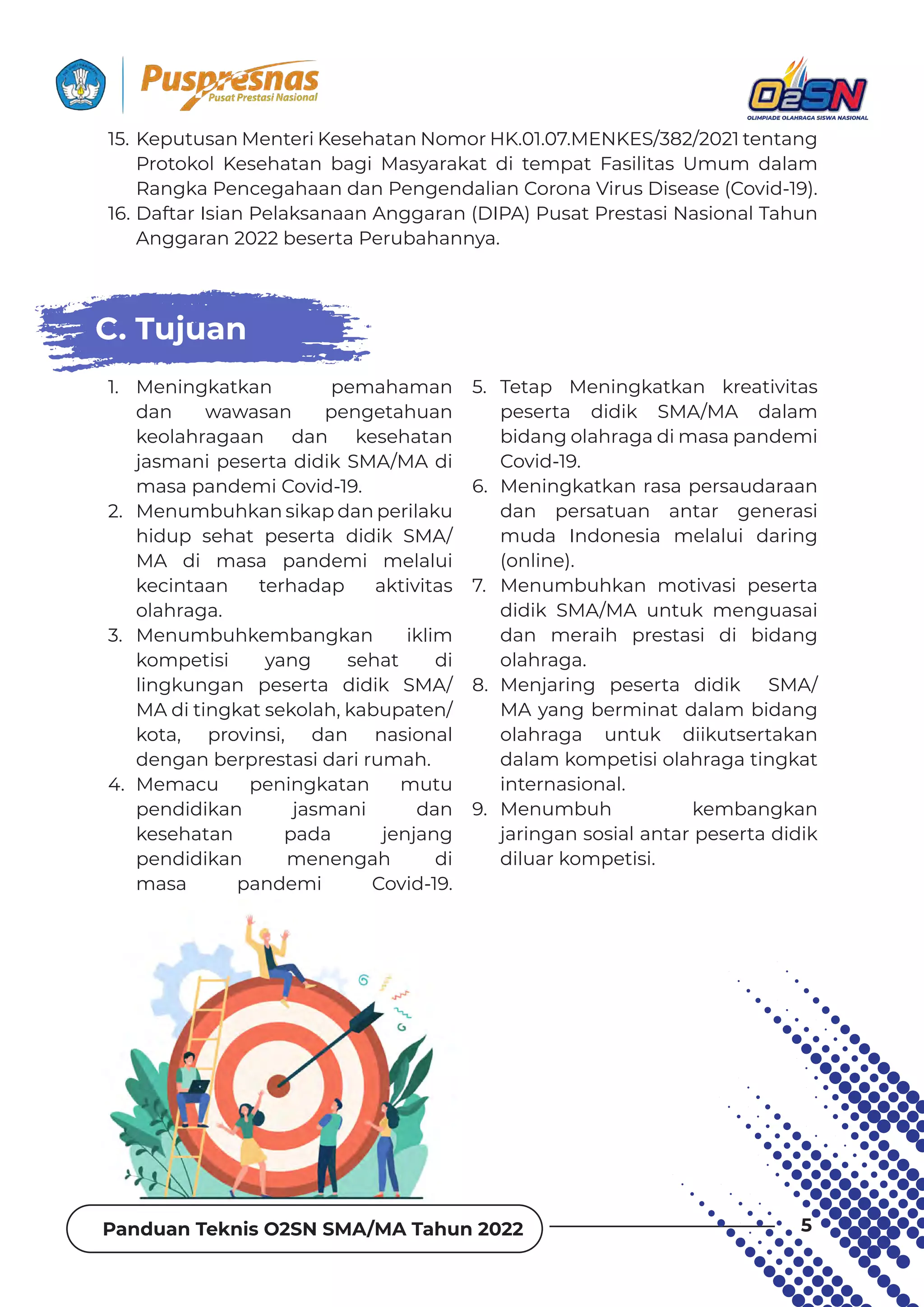 Panduan Teknis O2SN SMA/MA Tahun 2022 5
15. Keputusan Menteri Kesehatan Nomor HK.01.07.MENKES/382/2021 tentang
Protokol Kesehatan bagi Masyarakat di tempat Fasilitas Umum dalam
Rangka Pencegahaan dan Pengendalian Corona Virus Disease (Covid-19).
16. Daftar Isian Pelaksanaan Anggaran (DIPA) Pusat Prestasi Nasional Tahun
Anggaran 2022 beserta Perubahannya.
C. Tujuan
1. Meningkatkan pemahaman
dan wawasan pengetahuan
keolahragaan dan kesehatan
jasmani peserta didik SMA/MA di
masa pandemi Covid-19.
2. Menumbuhkan sikap dan perilaku
hidup sehat peserta didik SMA/
MA di masa pandemi melalui
kecintaan terhadap aktivitas
olahraga.
3. Menumbuhkembangkan iklim
kompetisi yang sehat di
lingkungan peserta didik SMA/
MA di tingkat sekolah, kabupaten/
kota, provinsi, dan nasional
dengan berprestasi dari rumah.
4. Memacu peningkatan mutu
pendidikan jasmani dan
kesehatan pada jenjang
pendidikan menengah di
masa pandemi Covid-19.
5. Tetap Meningkatkan kreativitas
peserta didik SMA/MA dalam
bidang olahraga di masa pandemi
Covid-19.
6. Meningkatkan rasa persaudaraan
dan persatuan antar generasi
muda Indonesia melalui daring
(online).
7. Menumbuhkan motivasi peserta
didik SMA/MA untuk menguasai
dan meraih prestasi di bidang
olahraga.
8. Menjaring peserta didik SMA/
MA yang berminat dalam bidang
olahraga untuk diikutsertakan
dalam kompetisi olahraga tingkat
internasional.
9. Menumbuh kembangkan
jaringan sosial antar peserta didik
diluar kompetisi.
 