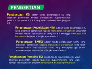 PENGERTIAN
Penghargaan K3 adalah tanda penghargaan K3 yang
diberikan pemerintah kepada perusahaan, bupati/walikota,
gubernur dan pemerduli K3 yang telah melaksanakan program
K3.
Penghargaan Kecelakaan Nihil adalah tanda penghargaan K3
yang diberikan pemerintah kepada manajemen perusahaan yang telah
berhasil dalam melaksanakan program K3 sehingga mencapai nihil
kecelakaan kerja pada jangka waktu tertentu.
Penghargaan SMK3 adalah tanda penghargaan SMK3 yang
diberikan pemerintah kepada manajemen perusahaan yang telah
berhasil dalam melaksanakan SMK3 yang terintegrasi dgn sistem
manajemen perusahaan pada jangka waktu tertentu.
Penghargaan Pembina K3 adalah tanda penghargaan K3 yang
diberikan pemerintah kepada Gubernur, Bupati/Walikota yang telah
berhasil melaksanakan program pembinaan K3 kepada perusahaan.
 