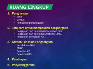 1. Penghargaan
• Jenis
• Bentuk
• Pemberian penghargaan
2. Tata cara untuk memperoleh penghargaan
• Pengajuan dan penilaian kecelakaan nihil
• Pengajuan dan penilaian sertifikasi SMK3
• Pengajuan pemerduli K3
3. Kriteria Penilaian Penghargaan
• Kecelakaan Nihil
• SMK3
• Pembina K3
• Pemerduli K3
4. Pembiayaan
5. Penyelenggaraan
RUANG LINGKUP
 