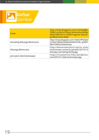 Modul Pendidikan Jarak Jauh Pendidikan Tinggi Kesehatan
19
Daftar
Gambar
Cover
http://4.bp.blogspot.com/-5mHwB8p-
flBM/Ua3pOcOReqI/AAAAAAAABRg/
BHjYCWNnScI/s1600/Program-Keluar-
ga-Berencana.webp
Konseling Keluarga Berencana
http://3.bp.blogspot.com/-kKdLhfPG9yA/
UY2pCYHJ4dI/AAAAAAAAAYA/0E_q2VJFf-
BA/s1600/untitled.bmp
Keluarga Berencana
http://drkennethshore.nprinc.com/
testsite/wp-content/uploads/2013/12/
therapy-counseling-family.jpg
jenis-Jenis Alat Kontrasepsi
https://novalonline.files.wordpress.
com/2013/11/alat-kontrasepsi.jpg
 