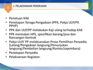 • Penetuan KAK
• Penetapan Tenaga Pengadaan (PPK, Pokja ULP/PP,
PPHP)
• PPK dan ULP/PP melakukan Kaji ulang terhadap KAK
• PPK mentukan HPS, spesifikasi barang/jasa dan
Rancangan Kontrak
• Pokja ULP/ PP melaksanakan Prose Pemilihan Penyedia
(Lelang/Pengadaan langsung/Penunjukan
langsung/Pembelian langsung/Kontes/sayembara)
• Penetapan Penyedia
• Pelaksanaan Kegiatan.
6
• PELAKSANAAN PEKERJAAN
 