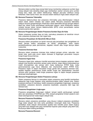 Pedoman Penyusunan Rencana Tata Ruang Wilayah Kota
10
Rencana sistem sumber daya energi tidak hanya memberikan pelayanan sumber daya
energi wilayah kota eksisting tetapi juga memberikan arahan rencana jenis sumber
energi baru, letak, dan sistem distribusinya. Meliputi jalur-jalur distribusi energi
kelistrikan, letak Gardu Induk, dan rencana sistem distribusi migas dalam wilayah kota.
B3. Rencana Prasarana Telematika
Prasarana telekomunikasi dan prasarana informatika yang dikembangkan meliputi
sistem kabel, sistem nirkabel, dan sistem satelit. Rencana prasarana telematika
meliputi rencana pengembangan nfrastruktur dasar telematika berupa jaringan telepon
fixed line, lokasi Pusat automatisasi sambungan telepon, serta infrastruktur telepon
nirkabel berupa lokasi menara telekomunikasi (BTS) untuk pemanfaatan secara
bersama-sama antar operator,
B4. Rencana Pengembangan Sistem Prasarana Sumber Daya Air Kota
Sistem prasarana sumber daya air kota, mencakup prasarana air bersih/air minum
kota, prasarana drainase kota, dan irigasi kota.
Prasarana Penyediaan Air Bersih/Air Minum Kota
Rencana sistem penyediaan air bersih memuat pola penyediaan dan pengelolaan air
besih berupa sistem penyediaan air bersih, pengelolaan, serta sistem
pendistribusiannya pada permukiman, kegiatan industri atau fungsi lainnya dalam
ruang kota.
Prasarana Drainase Kota
Rencana sistem prasarana drainase kota meliputi jaringan primer, sekunder, dan
tersier kota, serta pola umum dalam drainase di lingkungan perumahan maupun
fungsi-fungsi khusus lainnya.
Prasarana Irigasi Kota
Prasarana irigasi kota, walaupun bersifat sementara karena kegiatan pertanian dalam
wilayah kota bersifat sementara sampai waktu tertentu, tetapi selama keberadaannya
masih dimungkinkan ada sampai akhir masa berlakunya RTRW Kota, maka
perencanaannya juga harus dilakukan dan dicantumkan dalam RTRW Kota.
Prasarana irigasi ini dapat merupakan fungsi ganda dari prasarana drainase kota.
Apabila kegiatan pertaniannya sudah beralih fungsi dan diperbolehkan merubah
rencana pola ruangnya, maka fungsi prasarana irigasi ini dapat menjadi prasarana
derainase kota/lingkungan.
B5. Rencana Pengembangan Sistem Prasarana Lainnya
Sistem prasarana lainnya ini merupakan sistem prasarana yang bersifat memberikan
pelayanan bagi fungsi kegiatan yang ada/direncanakan dalam wilayah kota. Sistem
prasarana lainnya ini mencakup: sistem prasarana pengelolaan lingkungan, prasarana
pendidikan, prasarana ekonomi, prasarana kesehatan, prasarana olah raga dan
rekreasi kota.
Prasarana Pengelolaan Lingkungan
Prasarana pengelolaan lingkungan meliputi: tempat /pabrik pembuangan sampah
akhir dan sementara (TPA/PPSA dan TPS), tempat pengolahan limbah (padat & cair)
skala kota/regional dan skala bagian wilayah kota.
Rencana Prasarana Pendidikan
Rencana sistem prasarana pendidikan yang disusun meliputi prasarana pendidikan
tinggi skala wilayah dan kota serta pendidikan menengah skala kota. Prasarana
pendidikan skala wilayah direncanakan apabila kota memiliki peran dalam lingkup
yang lebih luas sebagai kota yang memberikan layanan pada wilayah yang lebih luas,
khususnya dalam bidang pendidikan.
Rencana Prasarana Ekonomi
 