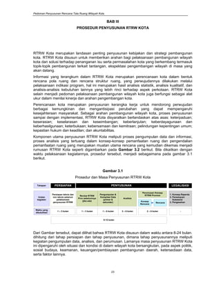 Pedoman Penyusunan Rencana Tata Ruang Wilayah Kota
23
BAB III
PROSEDUR PENYUSUNAN RTRW KOTA
RTRW Kota merupakan landasan penting penyusunan kebijakan dan strategi pembangunan
kota. RTRW Kota disusun untuk memberikan arahan bagi pelaksanaan pembangunan wilayah
kota dan solusi terhadap penanganan isu serta permasalahan kota yang berkembang termasuk
topik-topik pembangunan terkait tantangan, ekspektasi pengembangan wilayah di masa yang
akan datang.
Informasi yang terangkum dalam RTRW Kota merupakan perencanaan kota dalam bentuk
rencana pola ruang dan rencana struktur ruang, yang perwujudannya dilakukan melalui
pelaksanaan indikasi program, hal ini merupakan hasil analisis statistik, analisis kualitatif, dan
analisis-analisis kebutuhan lainnya yang lebih rinci terhadap aspek perkotaan. RTRW Kota
selain menjadi pedoman pelaksanaan pembangunan wilayah kota juga berfungsi sebagai alat
ukur dalam menilai kinerja dan arahan pengembangan kota.
Perencanaan kota merupakan penyusunan kerangka kerja untuk mendorong perwujudan
berbagai kemungkinan dan mengantisipasi perubahan yang dapat mempengaruhi
kesejahteraan masyarakat. Sebagai arahan pembangunan wilayah kota, proses penyusunan
sampai dengan implementasi, RTRW Kota disyaratkan berlandaskan atas asas: keterpaduan;
keserasian; keselarasan dan keseimbangan; keberlanjutan; keberdayagunaan dan
keberhasilgunaan; keterbukaan; kebersamaan dan kemitraan; pelindungan kepentingan umum;
kepastian hukum dan keadilan; dan akuntabilitas.
Komponen utama penyusunan RTRW Kota meliputi proses pengumpulan data dan informasi,
proses analisis yang tertuang dalam konsep-konsep pemanfaatan ruang dan pengendalian
pemanfaatan ruang yang merupakan muatan utama rencana yang kemudian dikemas menjadi
rumusan RTRW Kota seperti digambarkan pada Gambar 3.2 berikut. Bila dikaitkan dengan
waktu pelaksanaan kegiatannya, prosedur tersebut, menjadi sebagaimana pada gambar 3.1
berikut.
Gambar 3.1
Prosedur dan Masa Penyusunan RTRW Kota
Dari Gambar tersebut, dapat dilihat bahwa RTRW Kota disusun dalam waktu antara 8-24 bulan.
dihitung dari tahap persiapan dan tahap penyusunan, dimana tahap penyusunannya meliputi
kegiatan pengumpulan data, analisis, dan perumusan. Lamanya masa penyusunan RTRW Kota
ini dipengaruhi oleh situasi dan kondisi di dalam wilayah kota bersangkutan, pada aspek politik,
sosial budaya, keamanan, keuangan/pembiayaan pembangunan daerah, ketersediaan data,
serta faktor lainnya.
PERSIAPAN PENYUSUNAN LEGALISASI
Persiapan teknis dan
non teknis sebelum
pelaksanaan
penyusunan RTRW
Analisis
Perumusan Konsep
RTRW ProvinsiPengumpulan &
Kompilasi Data
(primer &
sekunder)
Tahapan
Uraian
kegiatan
Waktu yang
dibutuhkan
Review RTRW
Prov sebelumnya
(jika ada) Konsep
Rencana
Rencana
1. Konsep Raperda
2. Persetujuan
Substansi
3. Pengesahan
1 – 3 bulan 1 – 3 bulan 1 – 6 bulan 3 – 6 bulan 2 – 6 bulan -
6-12 bulan
 